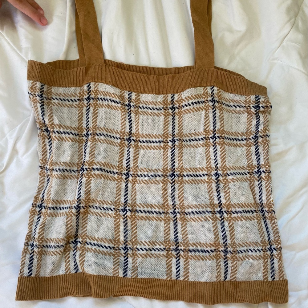 LOFT Tan and Cream Plaid Knit Top